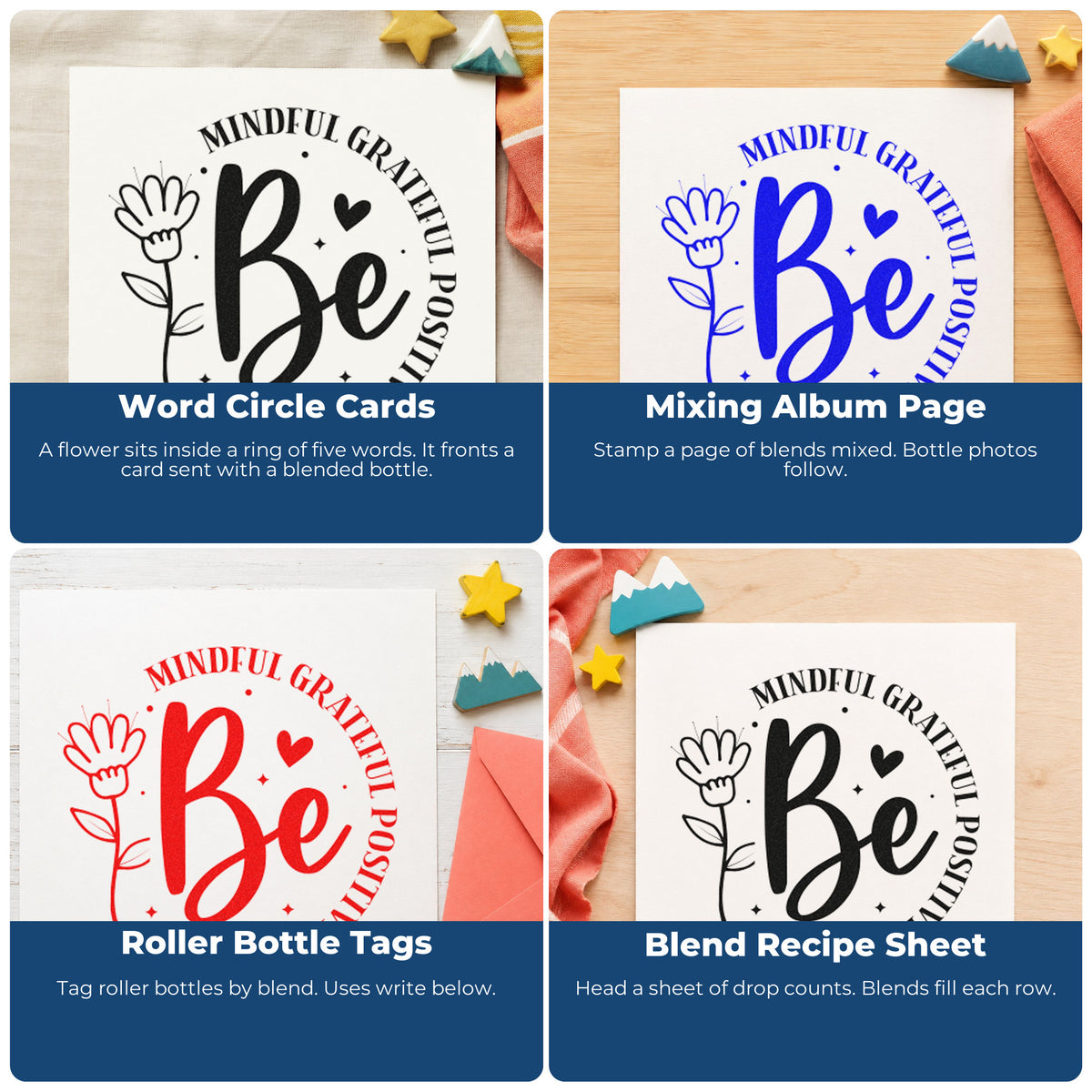 Four ways to use the Mindful Grateful Positive True Kind Stamp – Self-Inking: word circle cards, mixing album page, roller bottle tags and blend recipe sheet.