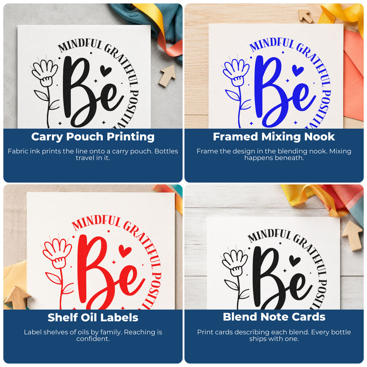 Four ways to use the Mindful Grateful Positive True Kind Stamp – Slim Pre-Inked: carry pouch printing, framed mixing nook, shelf oil labels and blend note cards.