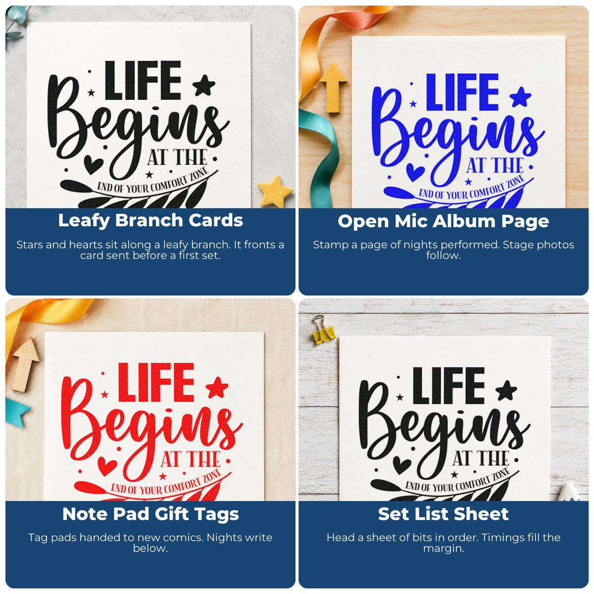 Four ways to use the Life Begins Comfort Zone Leaves Hand Stamp – Duo: leafy branch cards, open mic album page, note pad gift tags and set list sheet.