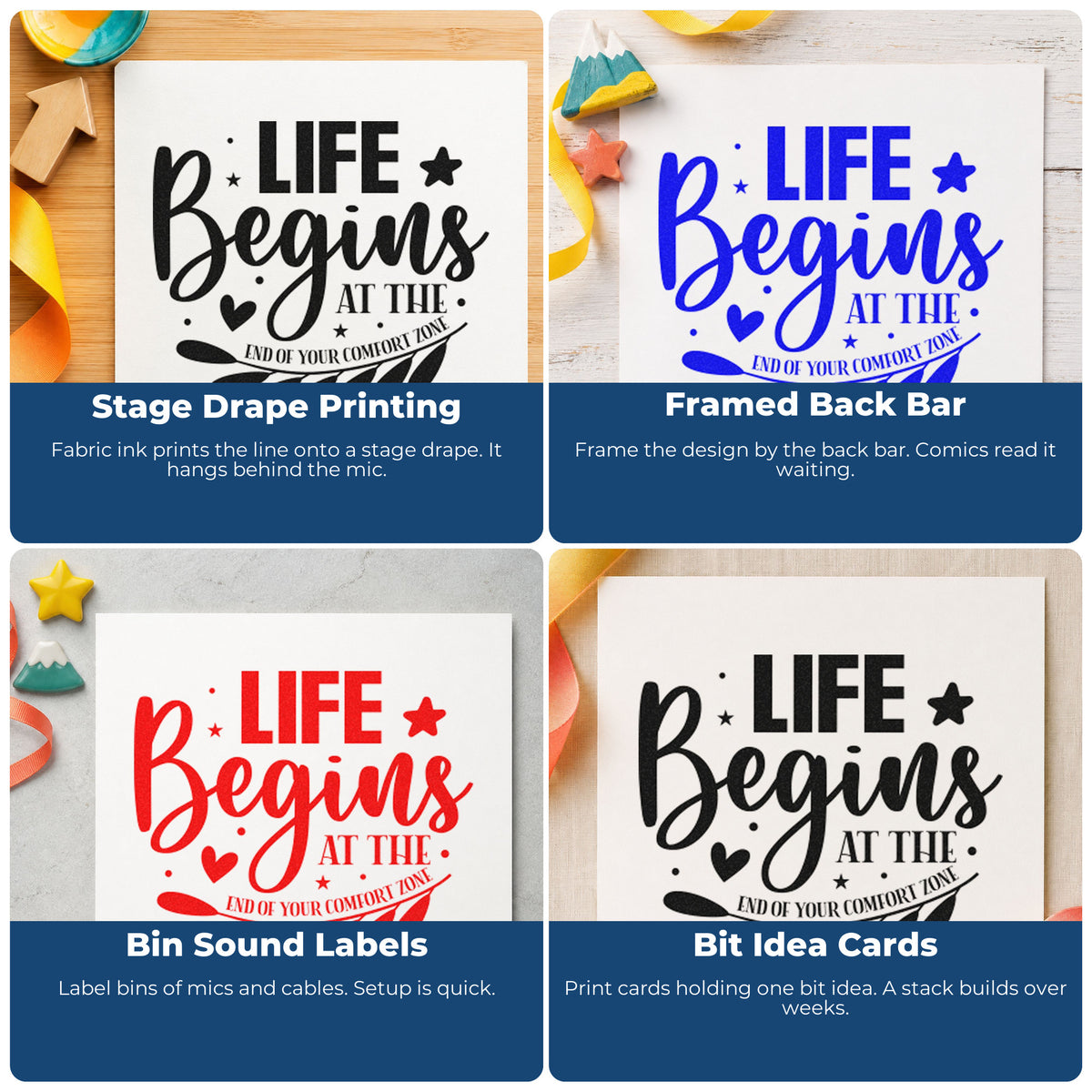 Four ways to use the Life Begins Comfort Zone Leaves Stamp - Premium Vintage Pro Wooden: stage drape printing, framed back bar, bin sound labels and bit idea cards.