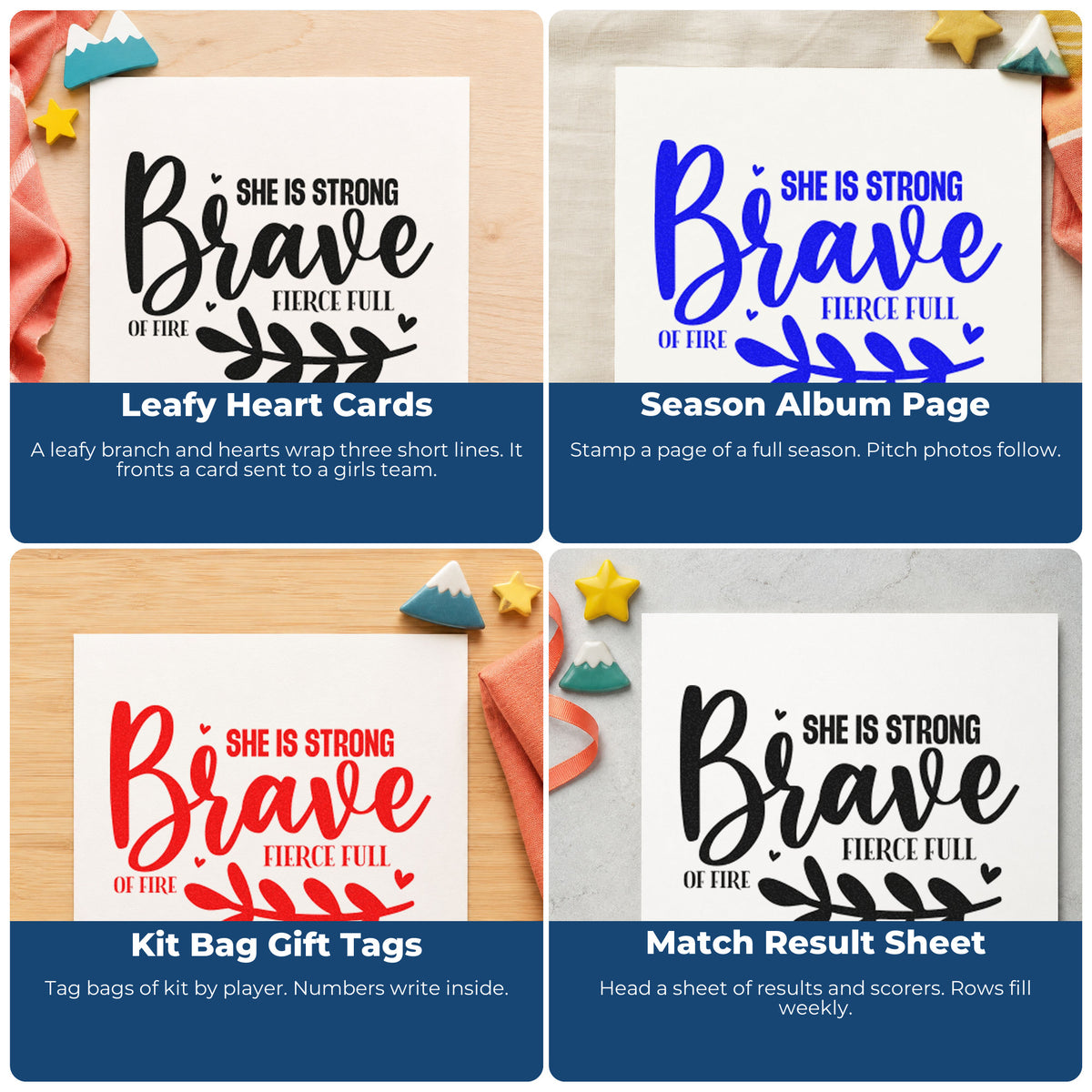 Four ways to use the Be Brave Strong Fierce Fire Leaf Accents Wood-Mounted Rubber Stamp: leafy heart cards, season album page, kit bag gift tags and match result sheet.