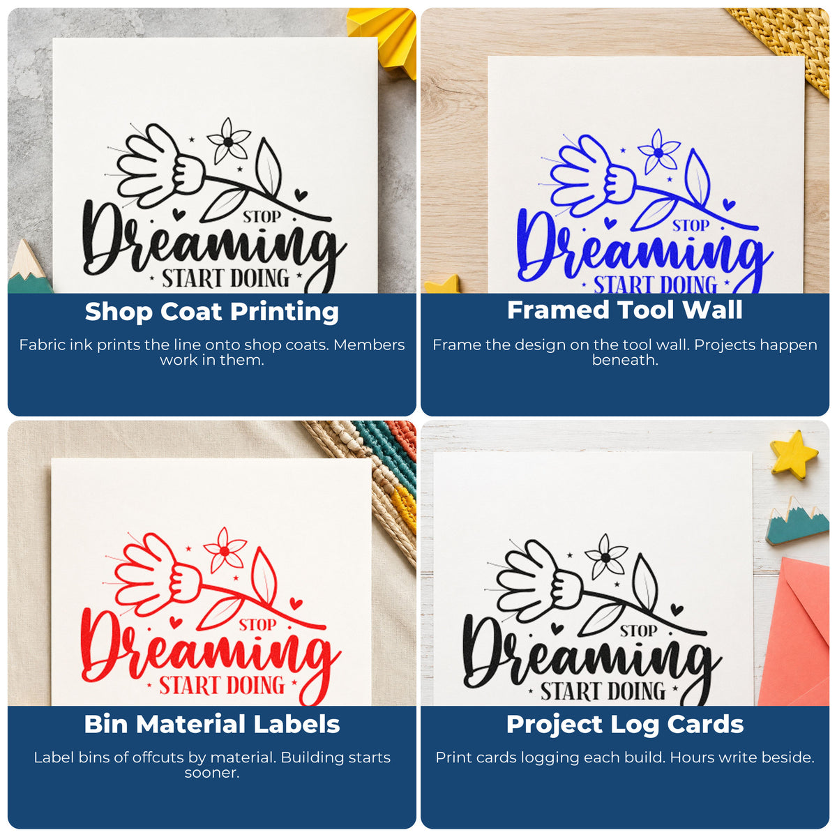 Four ways to use the Stop Dreaming Start Doing Stamp – Slim Pre-Inked: shop coat printing, framed tool wall, bin material labels and project log cards.
