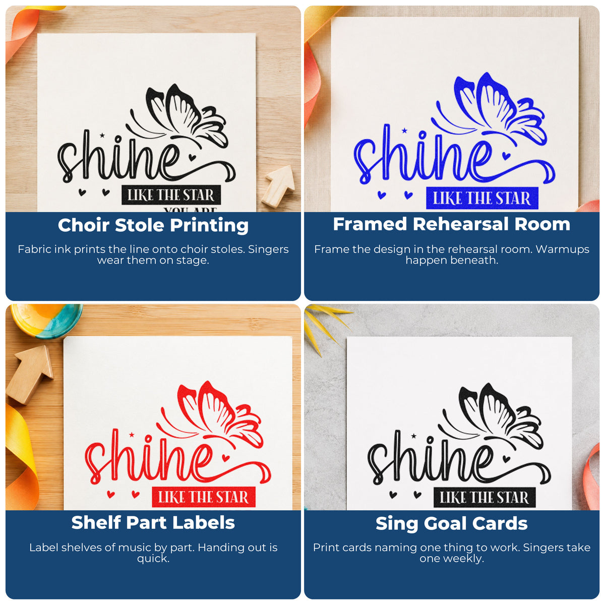Four ways to use the Shine Like Star Butterfly With Hearts Duo Hand Stamp: choir stole printing, framed rehearsal room, shelf part labels and sing goal cards.