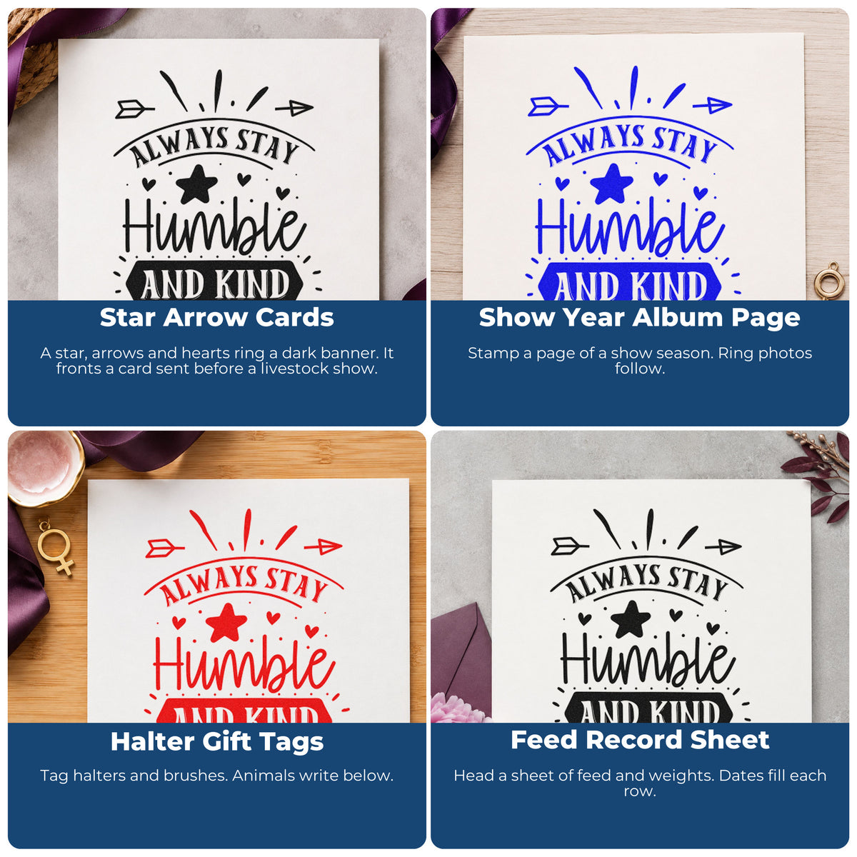 Motivational rubber stamps for scrapbooks, cardmaking, journaling, and gift tags with uplifting phrases like Worry Less, Live More.