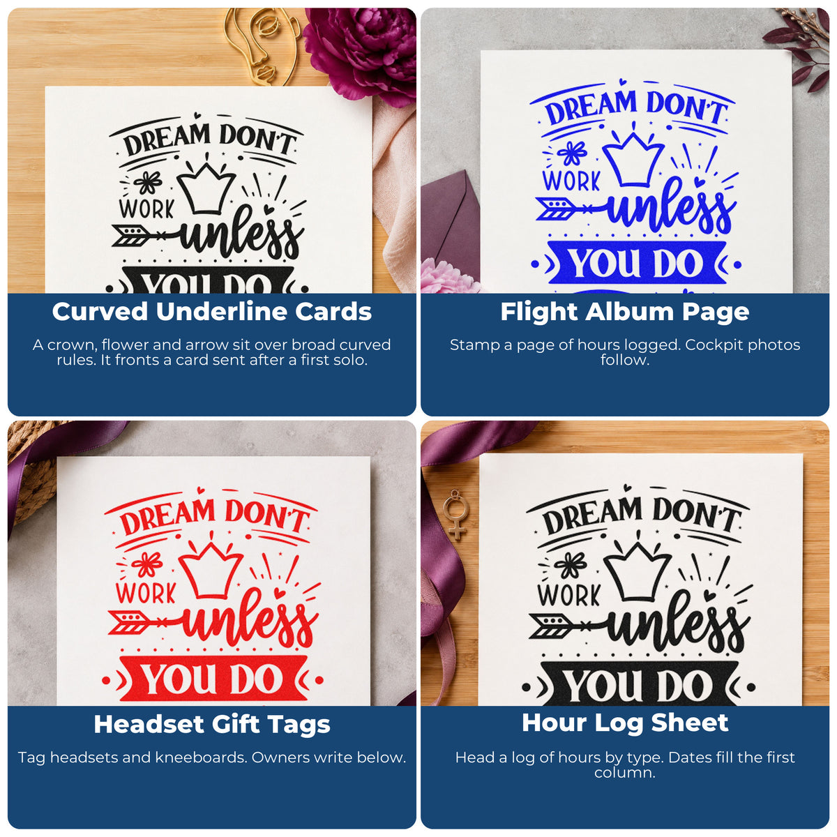 Rubber stamp ideas for scrapbooks, cards, journals and gift tags with motivational phrases and inspirational lettering.
