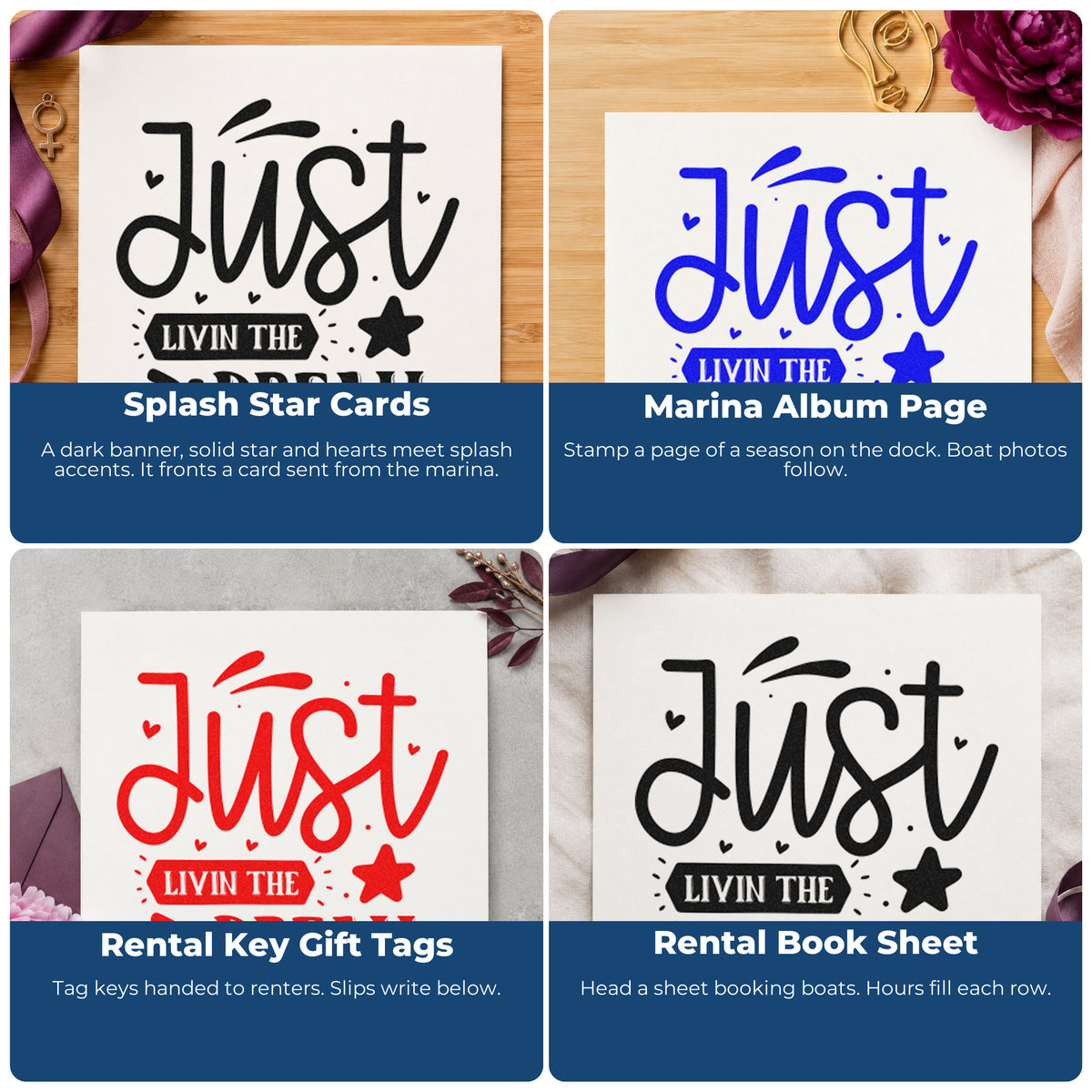 Motivational rubber stamps for scrapbooks, cardmaking, journaling, and gift tags, adding uplifting handmade messages.
