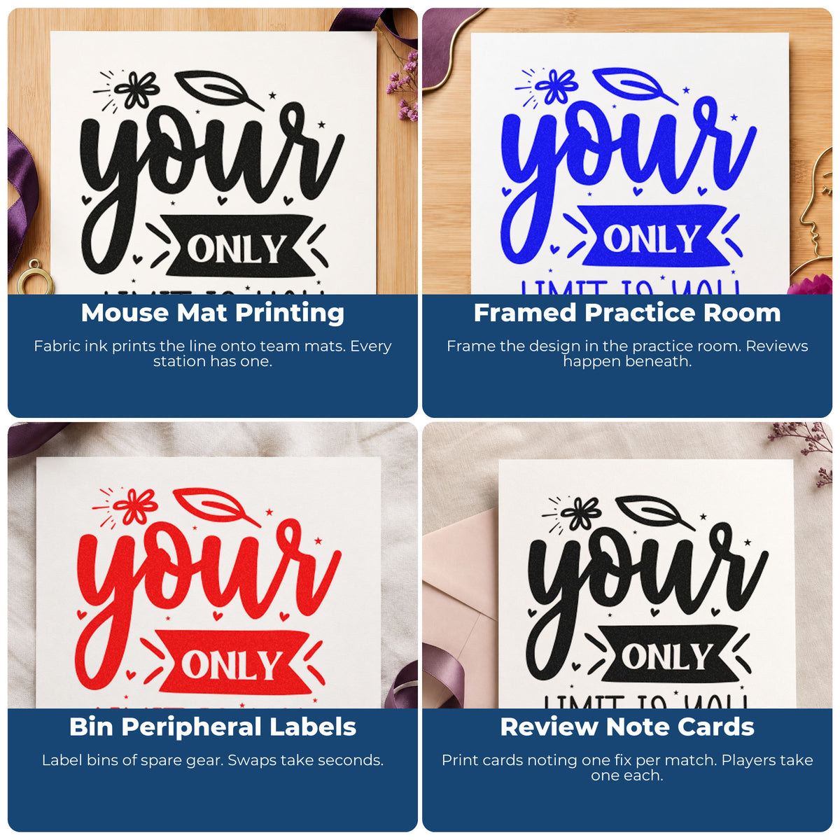 Four ways to use the Your Only Limit Is You Flower Motif Craft Stamp – Self-Inking: mouse mat printing, framed practice room, bin peripheral labels and review note cards.