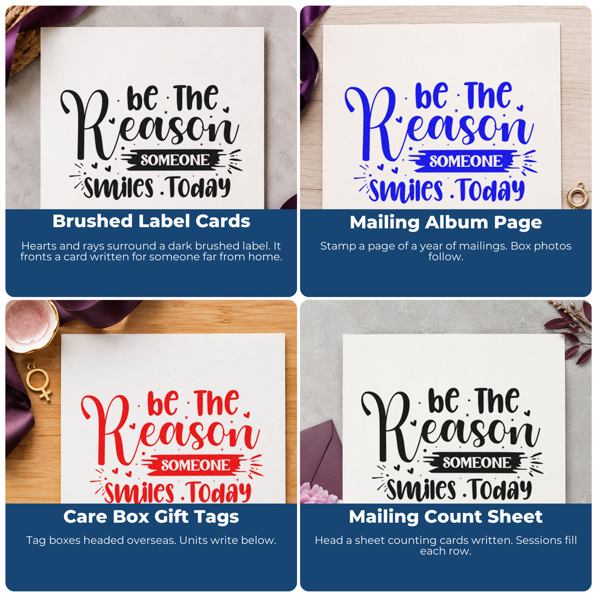 Four ways to use the Reason Someone Smiles Today Brush Self-Inking Craft Stamp: brushed label cards, mailing album page, care box gift tags and mailing count sheet.