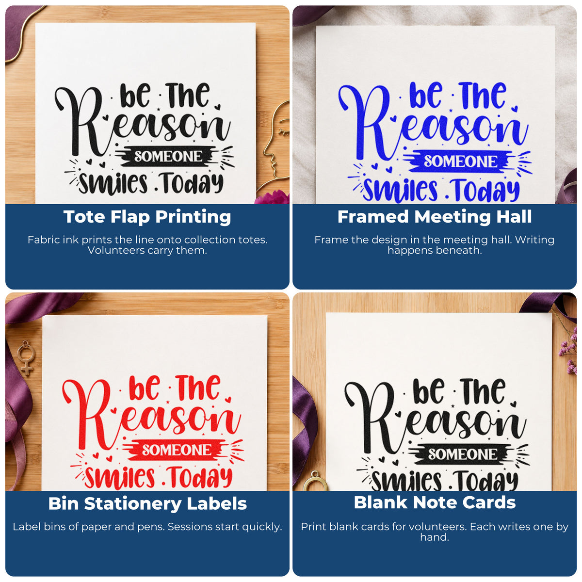 Four ways to use the Reason Someone Smiles Today Brush Self-Inking Craft Stamp: tote flap printing, framed meeting hall, bin stationery labels and blank note cards.