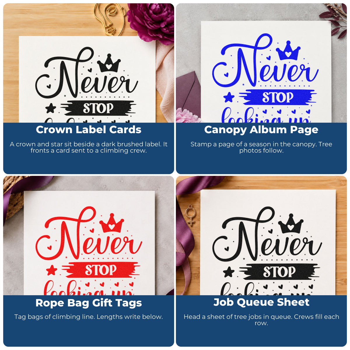 Four ways to use the Never Stop Looking Up Crown With Stars Stamp – Self-Inking: crown label cards, canopy album page, rope bag gift tags and job queue sheet.