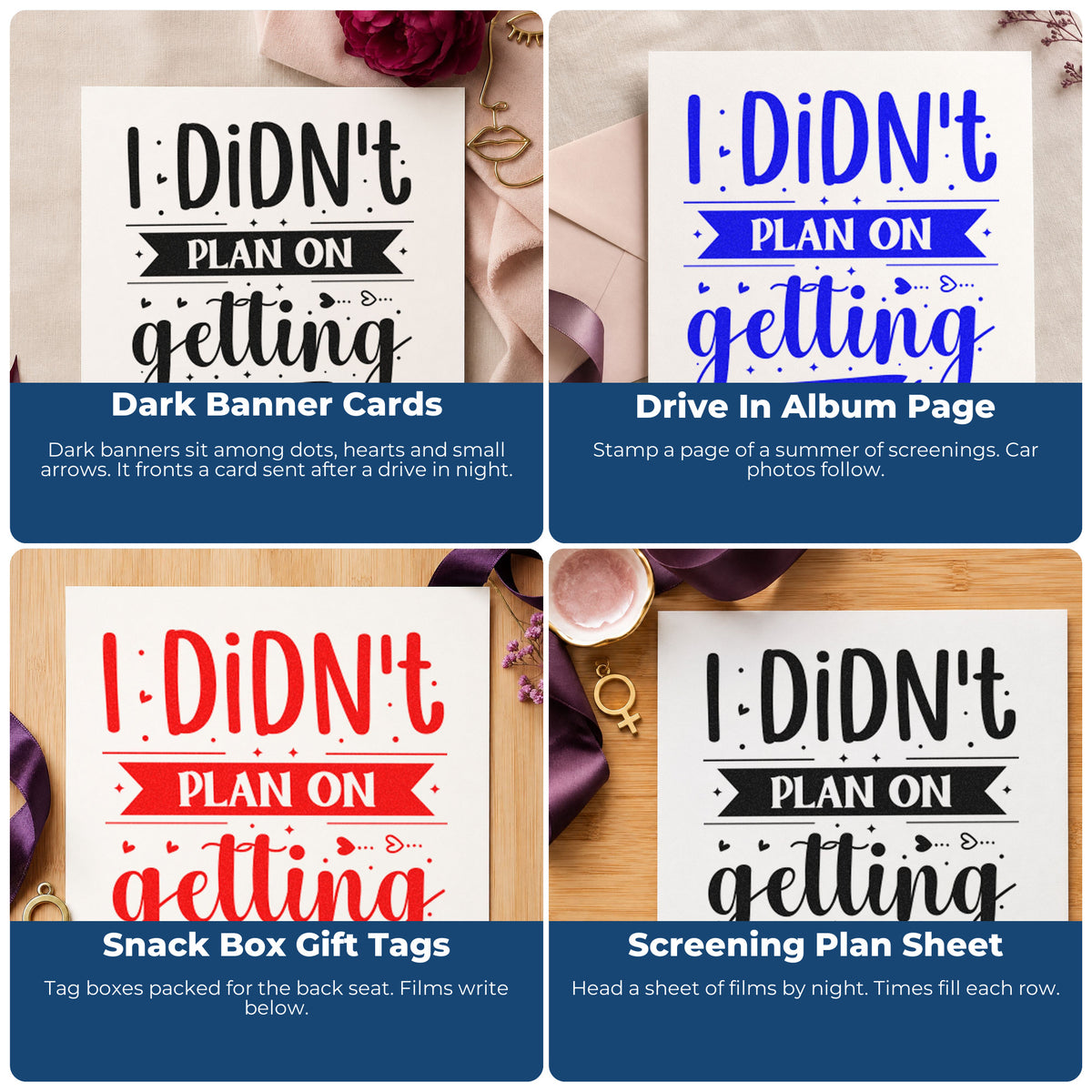 Four ways to use the Didn't Plan Getting Out Of Car Duo Hand Stamp: dark banner cards, drive in album page, snack box gift tags and screening plan sheet.
