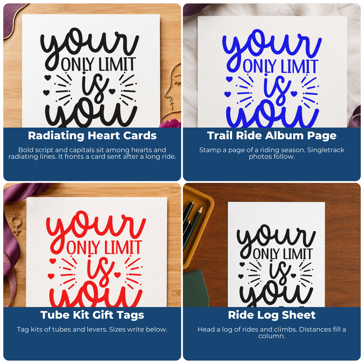 Motivational rubber stamp ideas for scrapbooks, cardmaking, journaling, and gift tags with uplifting phrases.