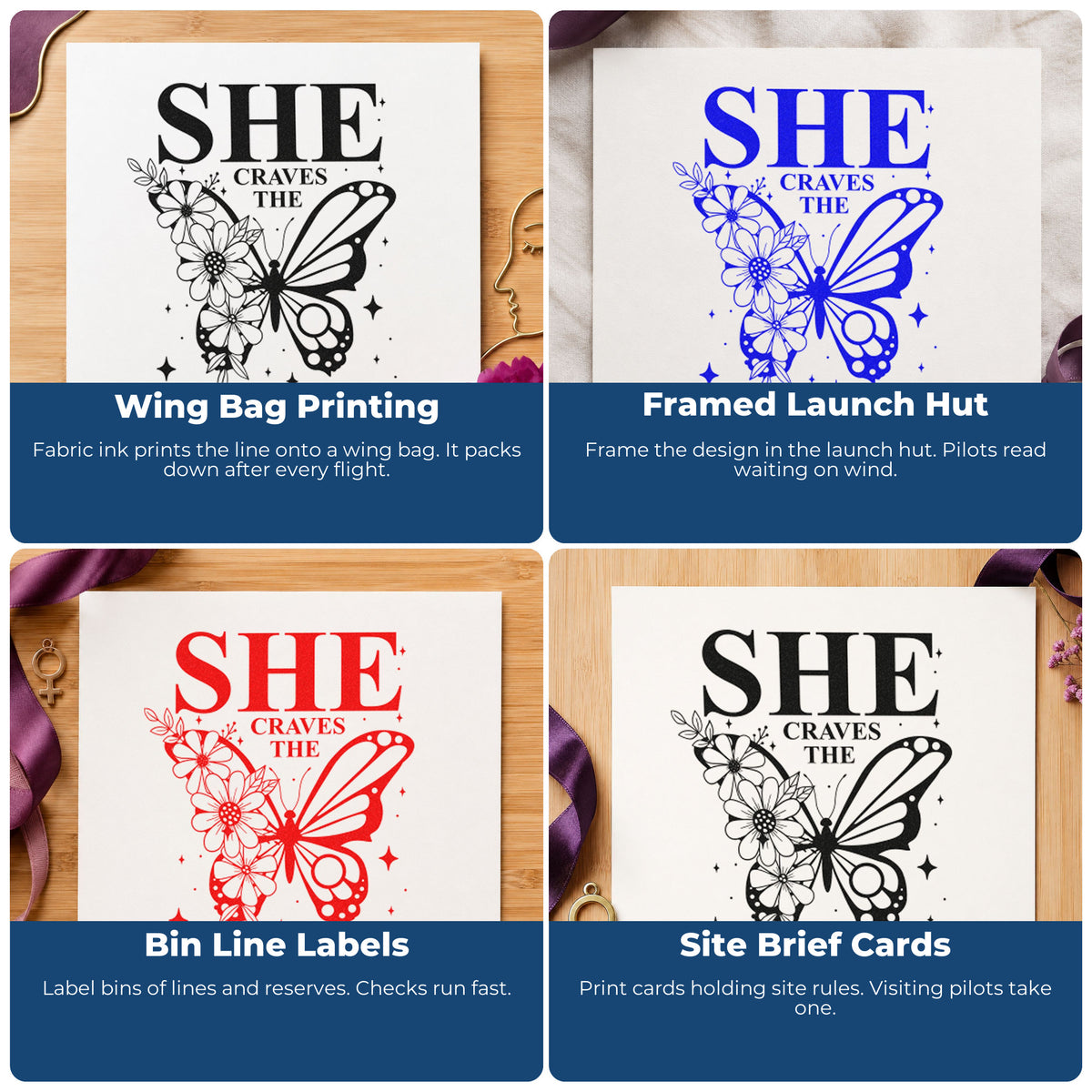 Four ways to use the She Craves The Open Sky Butterfly Rubber Stamp – Duo Hand: wing bag printing, framed launch hut, bin line labels and site brief cards.