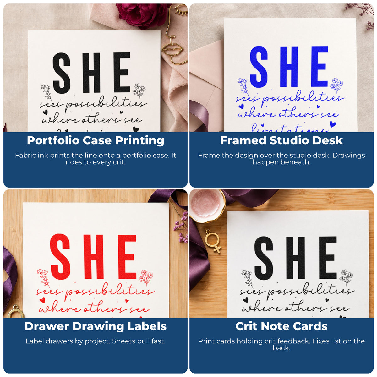 Four ways to use the She Sees Possibilities Limitations Hand Stamp – Duo: portfolio case printing, framed studio desk, drawer drawing labels and crit note cards.