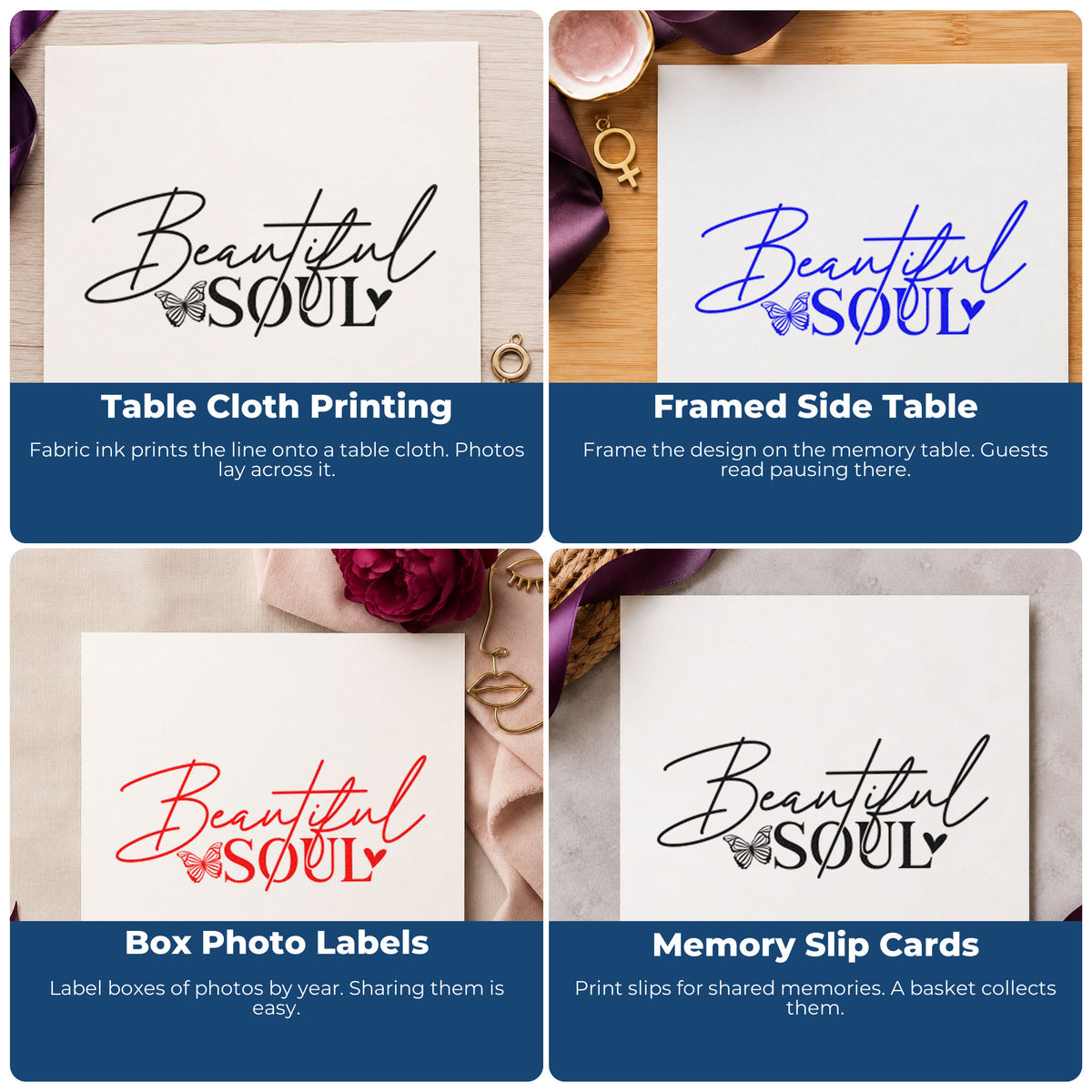 Four ways to use the Slim Pre-Inked Beautiful Soul Butterfly Lettering Stamp: table cloth printing, framed side table, box photo labels and memory slip cards.