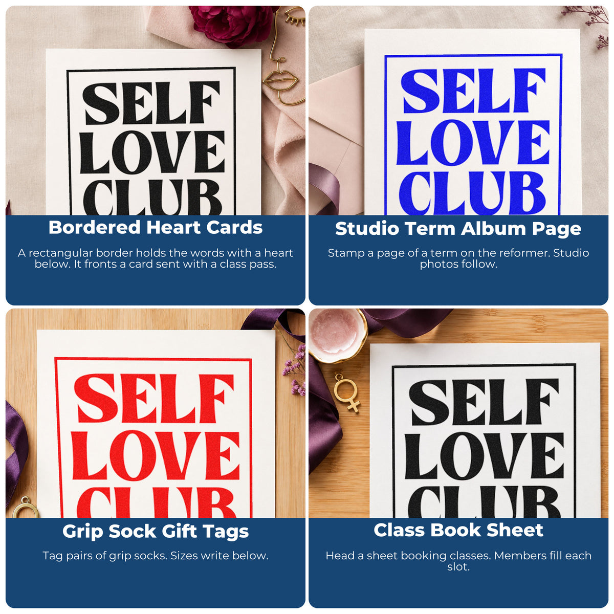 Four ways to use the Self Love Club Frame Slim Pre-Inked Stamp: bordered heart cards, studio term album page, grip sock gift tags and class book sheet.