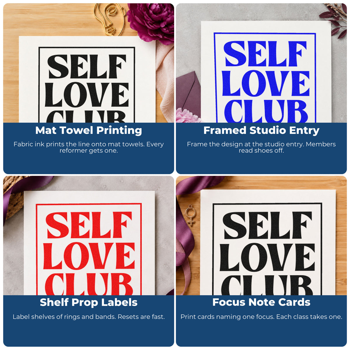 Four ways to use the Self Love Club Frame Rubber Stamp – Wood Handle: mat towel printing, framed studio entry, shelf prop labels and focus note cards.