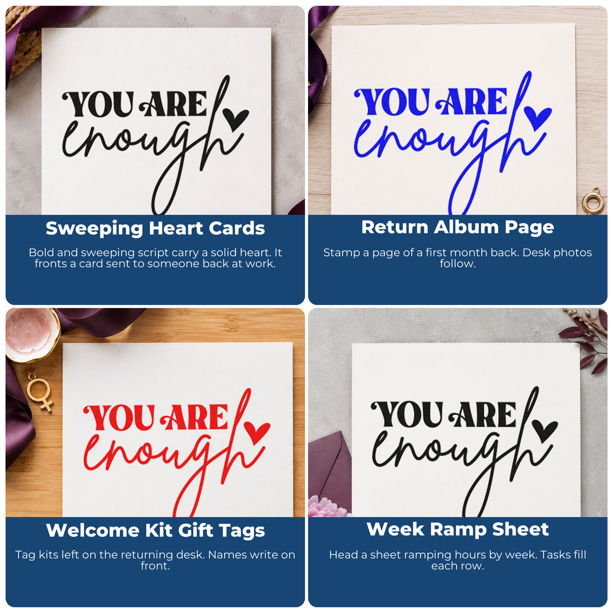 Four ways to use the You Are Enough Heart Self-Inking Stamp: sweeping heart cards, return album page, welcome kit gift tags and week ramp sheet.