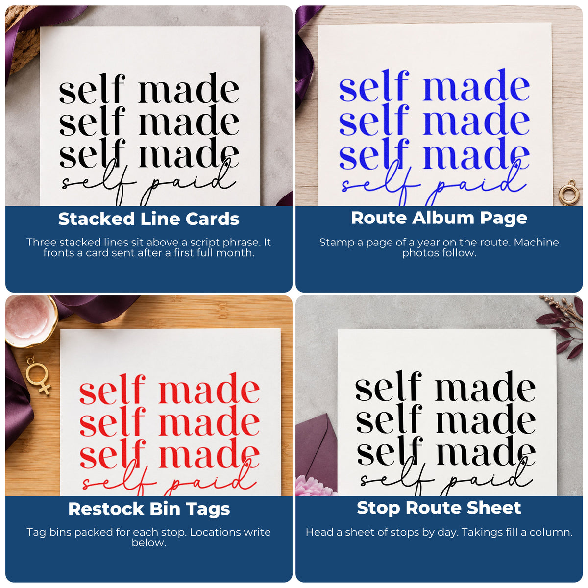 Four ways to use the Self Made Self Paid Script Lettering PSI Pre-Inked Stamp: stacked line cards, route album page, restock bin tags and stop route sheet.