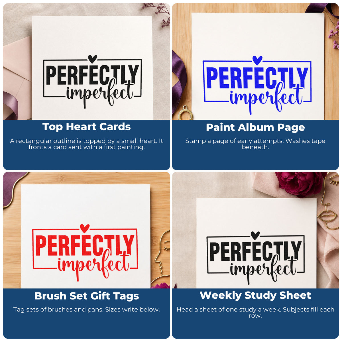 Four ways to use the Perfectly Imperfect Heart Frame Self-Inking Stamp: top heart cards, paint album page, brush set gift tags and weekly study sheet.