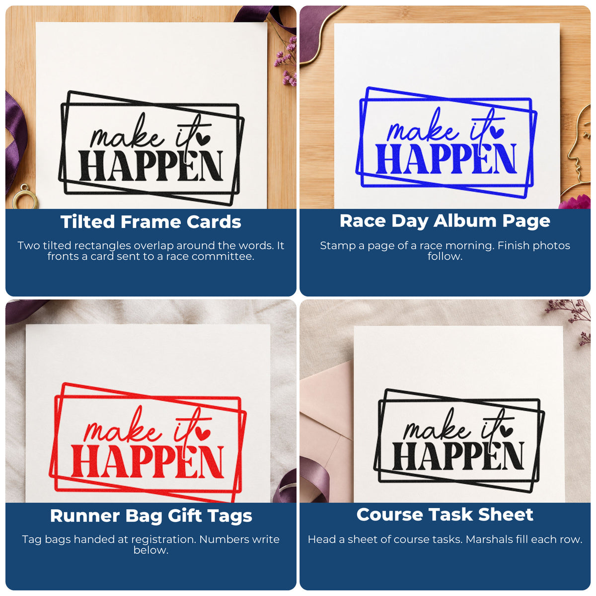 Four ways to use the PSI Pre-Inked Make It Happen Frames Stamp: tilted frame cards, race day album page, runner bag gift tags and course task sheet.