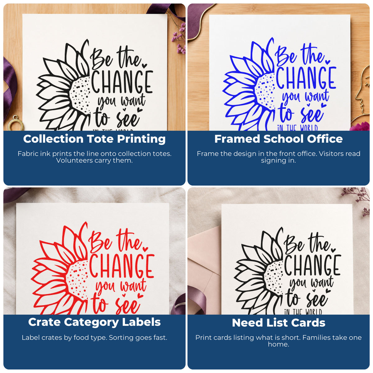 Four ways to use the Wood Handle Be The Change Sunflower Rubber Stamp: collection tote printing, framed school office, crate category labels and need list cards.