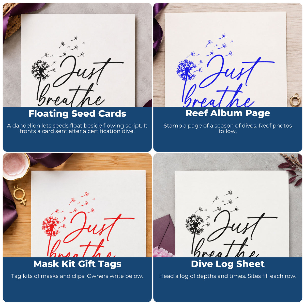 Four ways to use the Just Breathe Dandelion Seeds Rubber Stamp – Duo Hand: floating seed cards, reef album page, mask kit gift tags and dive log sheet.