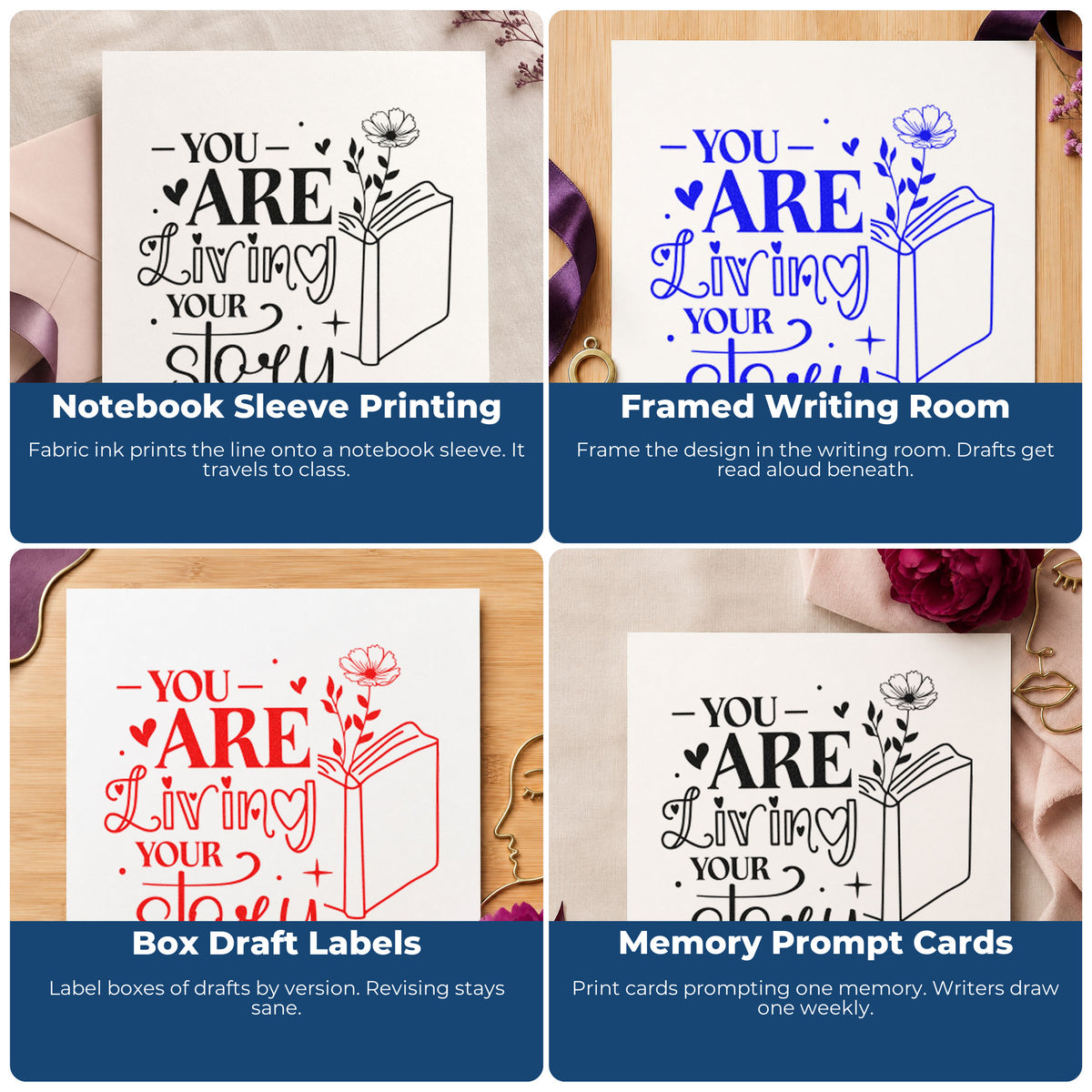 Four ways to use the You Are Living Your Story Wood-Mounted Rubber Stamp: notebook sleeve printing, framed writing room, box draft labels and memory prompt cards.