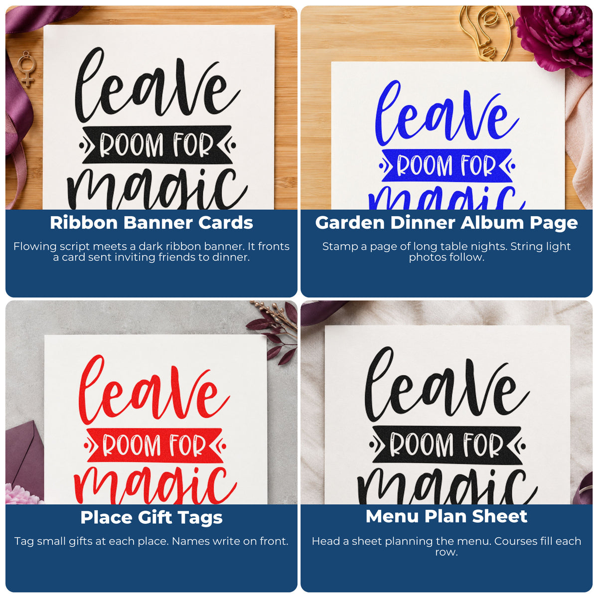 Four ways to use the PSI Pre-Inked Leave Room For Magic Ribbon Lettering Stamp: ribbon banner cards, garden dinner album page, place gift tags and menu plan sheet.