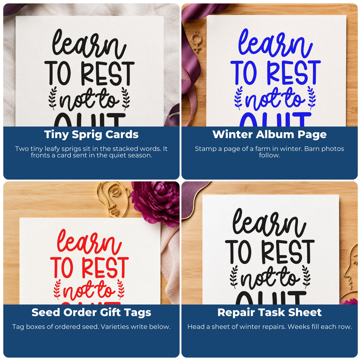 Motivational rubber stamp ideas for scrapbooks, cardmaking, journaling, and gift tags with uplifting phrase designs.
