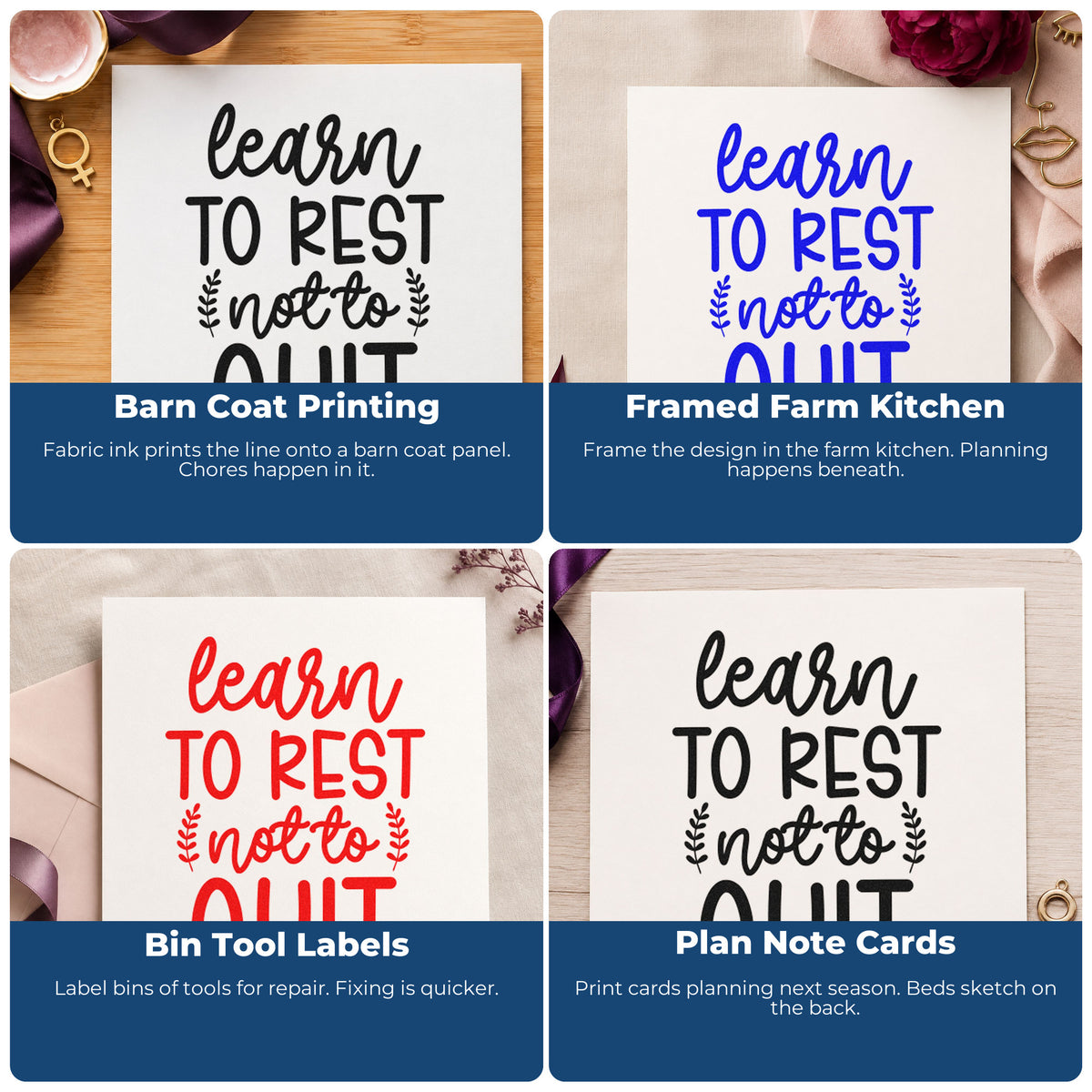 Motivational rubber stamps for habit trackers, vision boards, sticky notes and planners with uplifting quote designs.