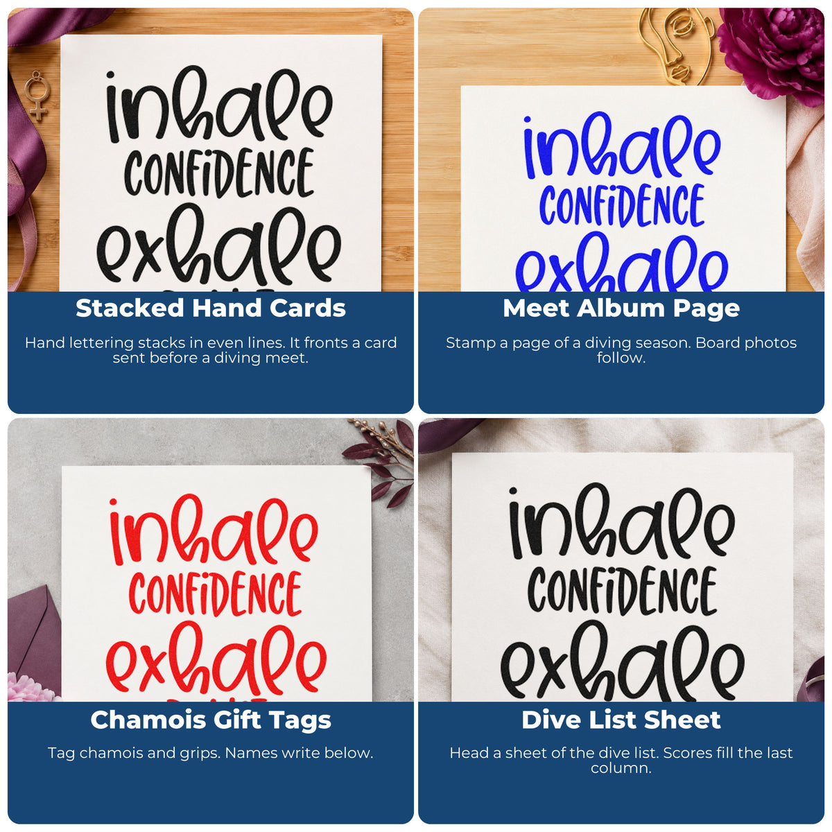 Motivational rubber stamp designs for scrapbooks, cardmaking, journaling and gift tags with uplifting phrases.