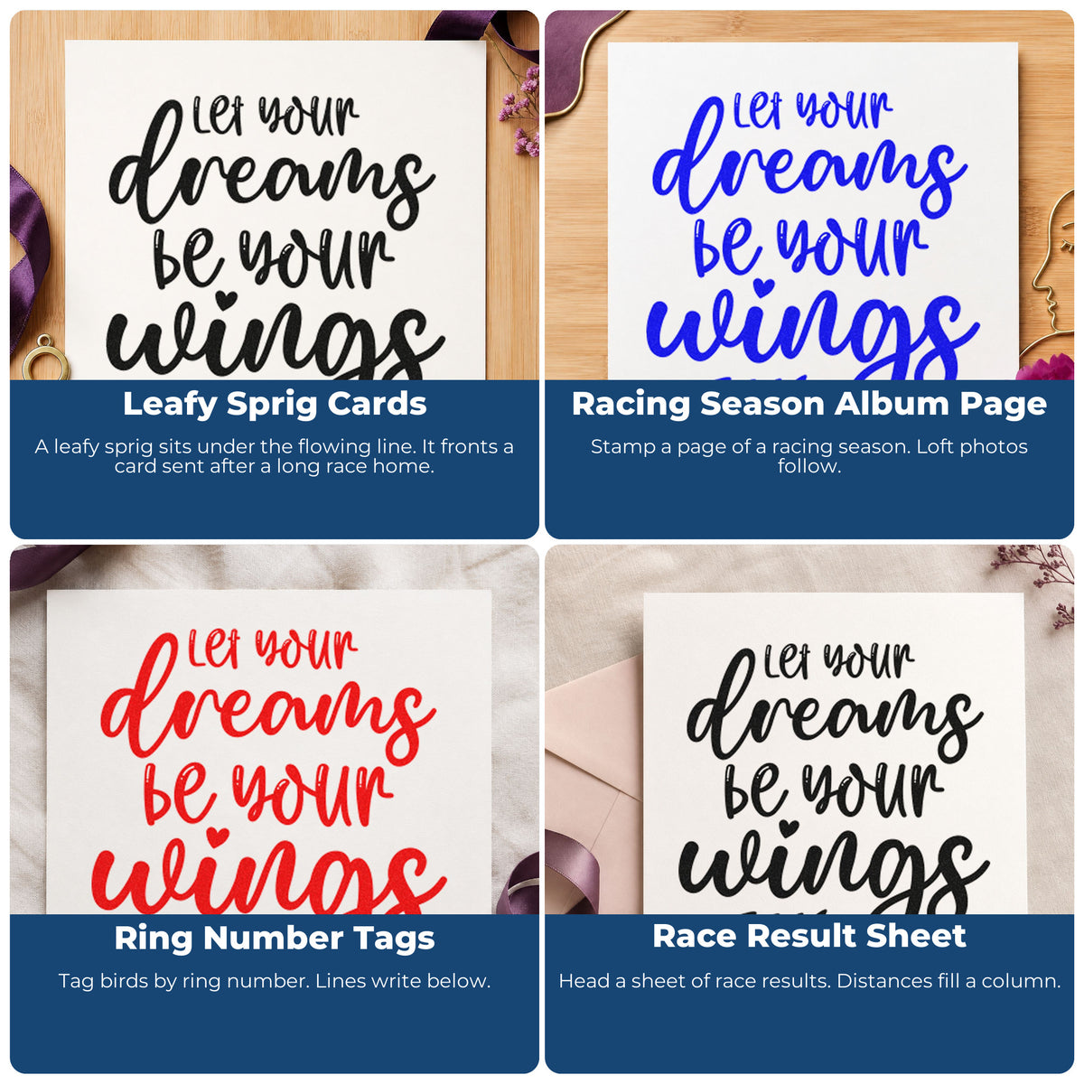 Four ways to use the Dreams Wings Leafy Word Art Stamp – Self-Inking: leafy sprig cards, racing season album page, ring number tags and race result sheet.