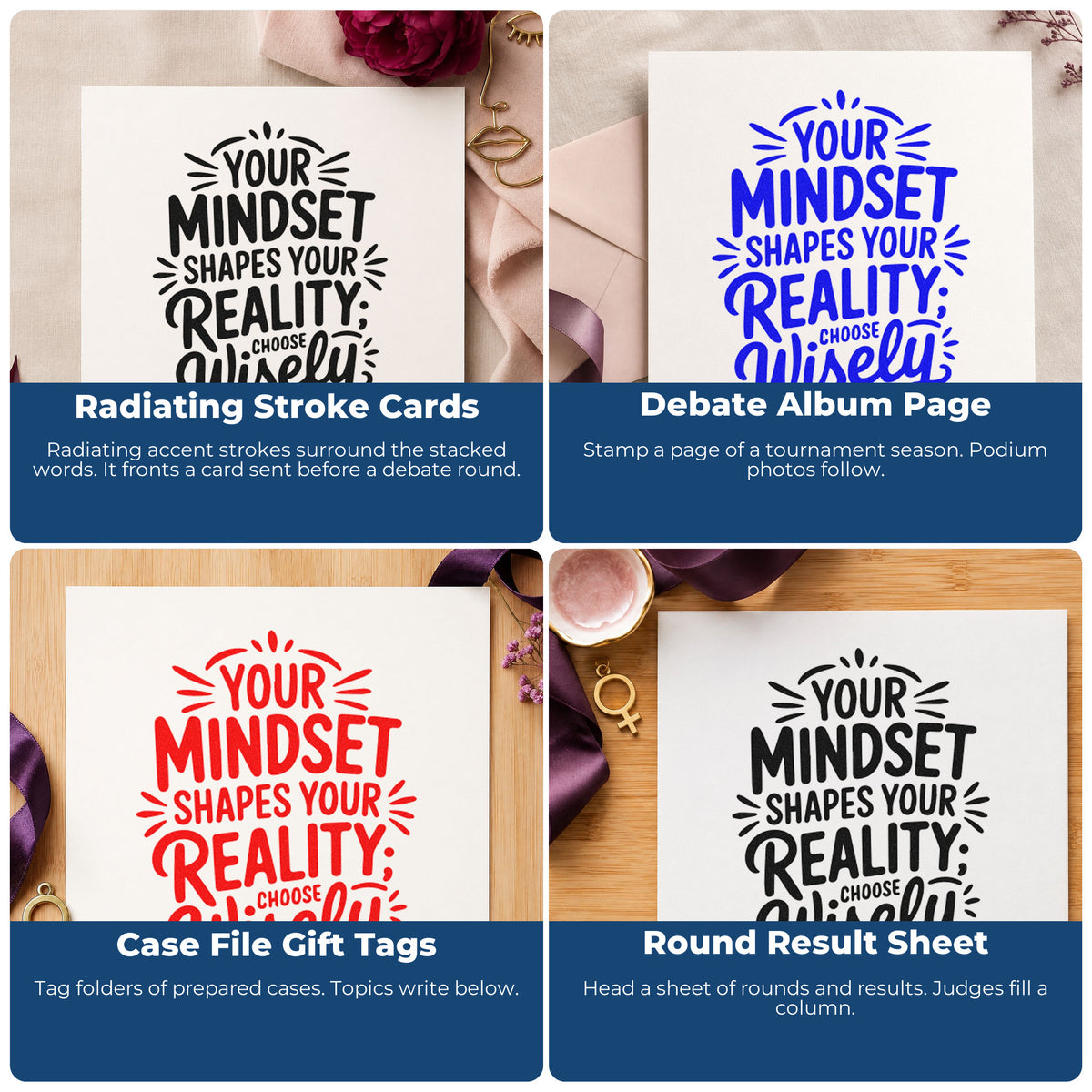 Four ways to use the Mindset Shapes Your Reality Self-Inking Stamp: radiating stroke cards, debate album page, case file gift tags and round result sheet.