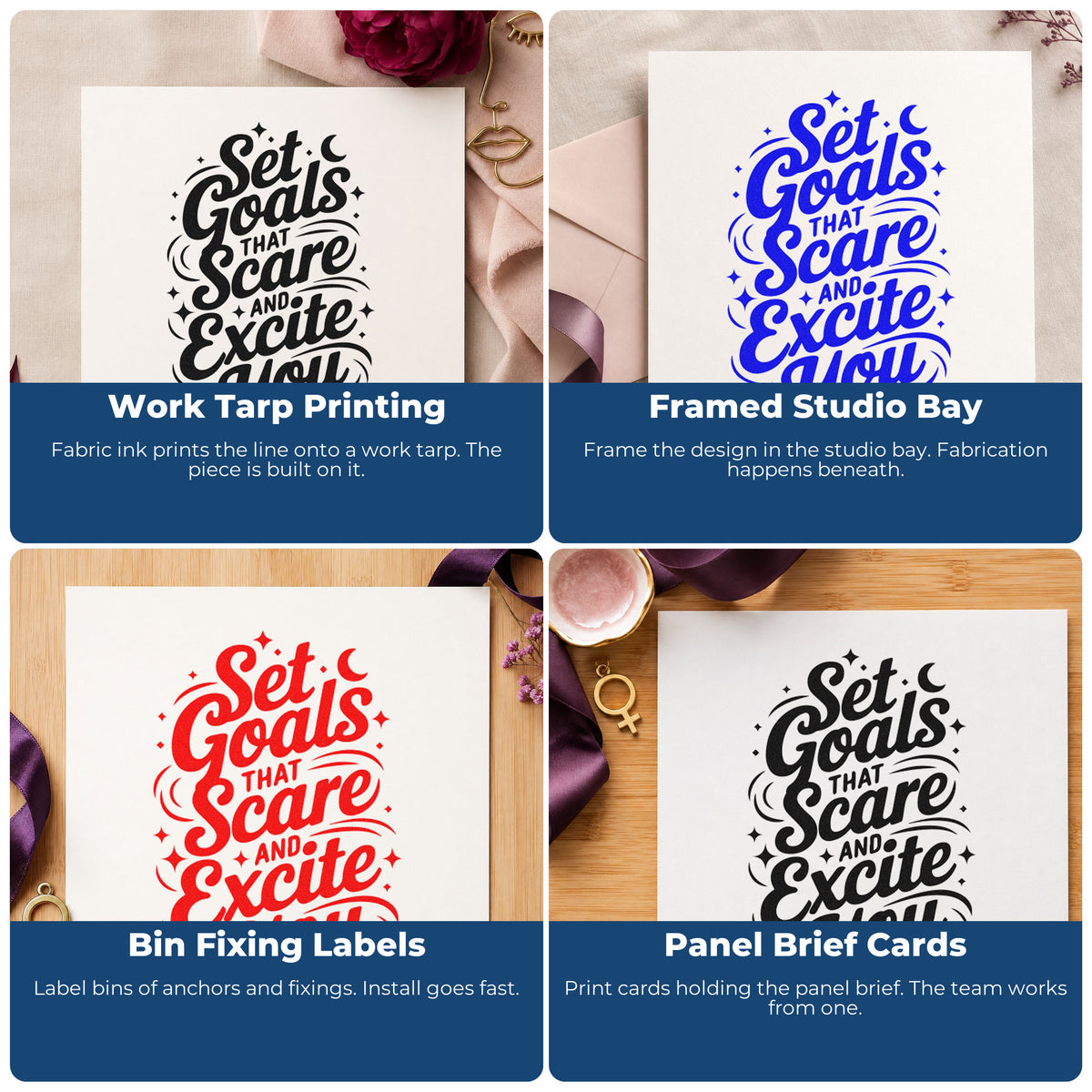 Four ways to use the Self-Inking Set Goals That Excite Stamp: work tarp printing, framed studio bay, bin fixing labels and panel brief cards.