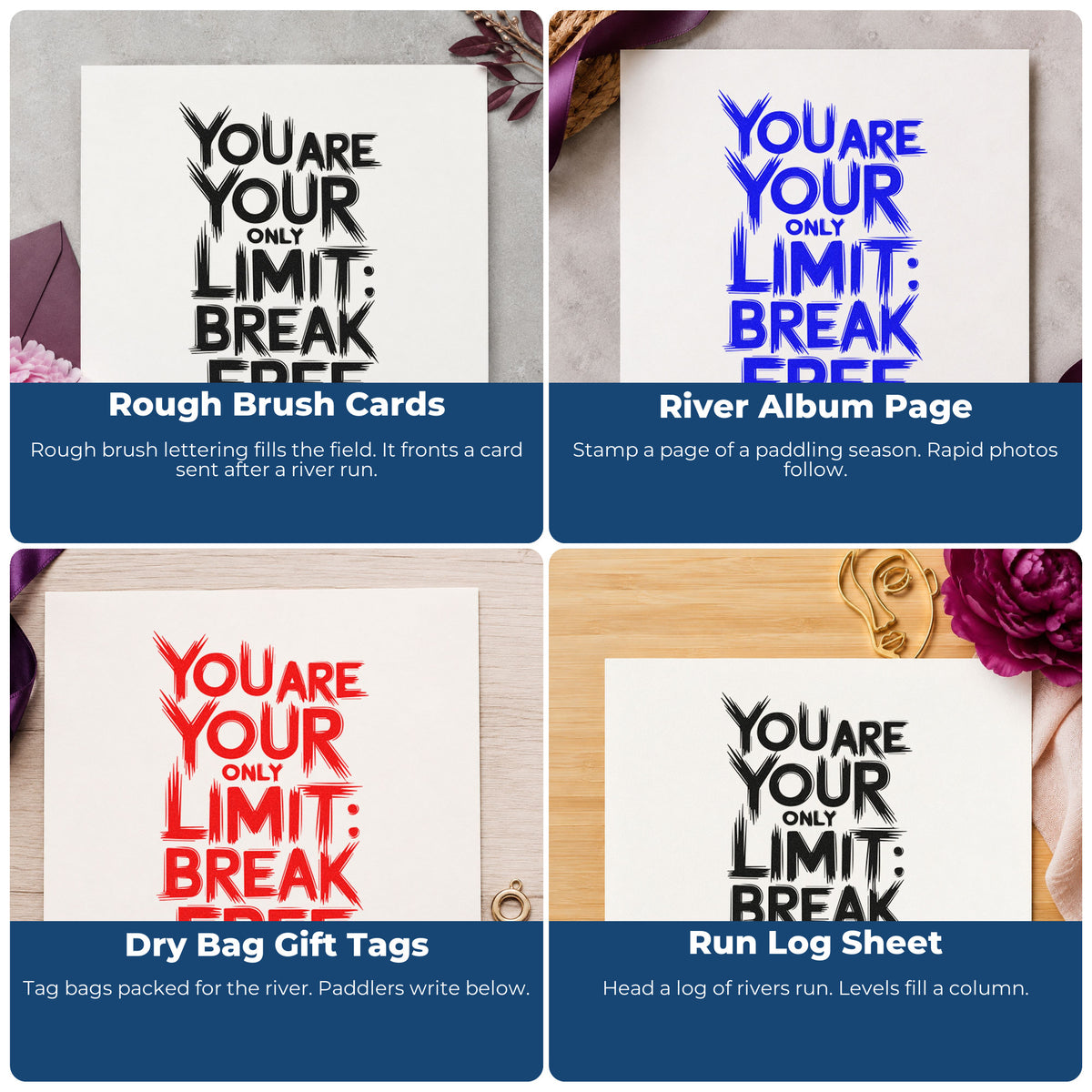 Four ways to use the Your Only Limit Break Free Rubber Stamp – Duo Hand: rough brush cards, river album page, dry bag gift tags and run log sheet.