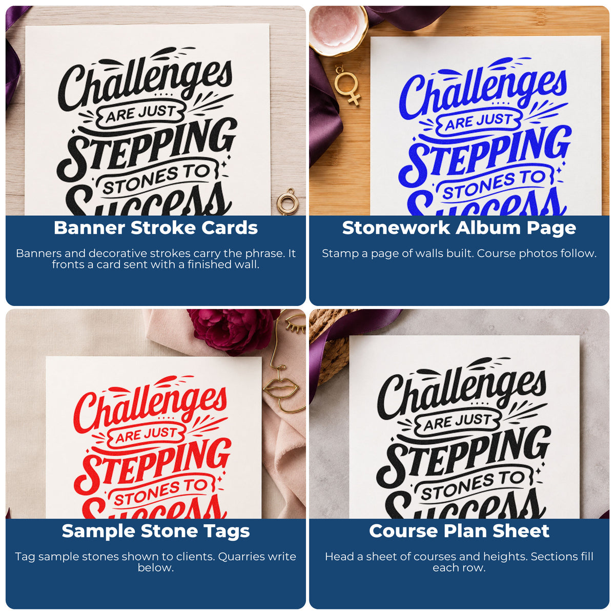 Rubber stamp designs for scrapbooking, cardmaking, journaling and gift tags with motivational phrases like Worry Less, Life More.
