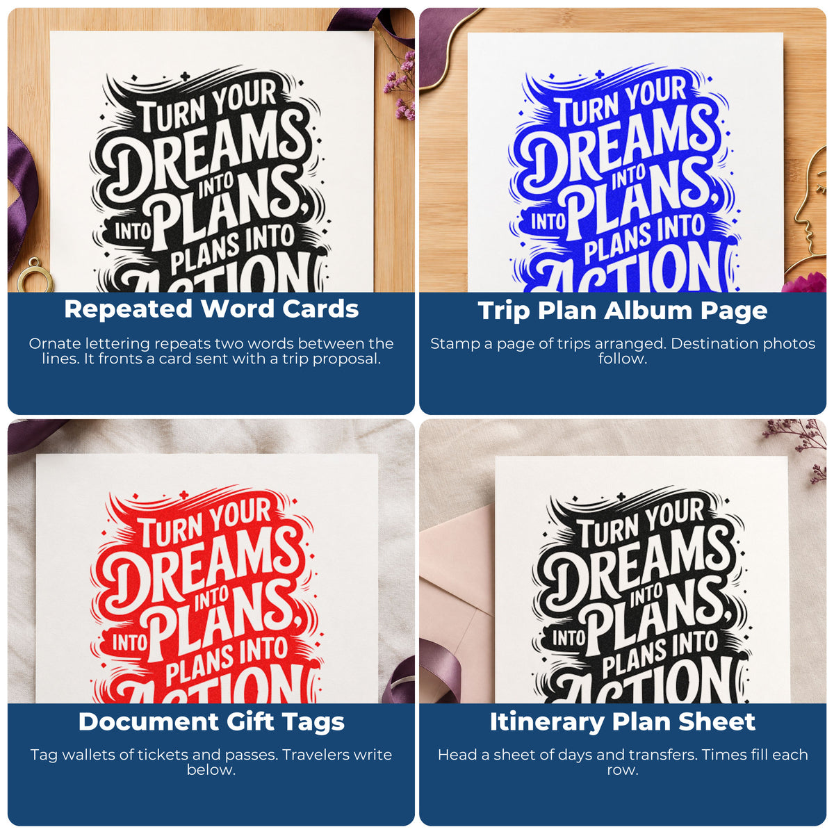 Rubber stamp ideas for scrapbooks, cardmaking, journaling, and gift tags with uplifting phrases and motivational quotes.
