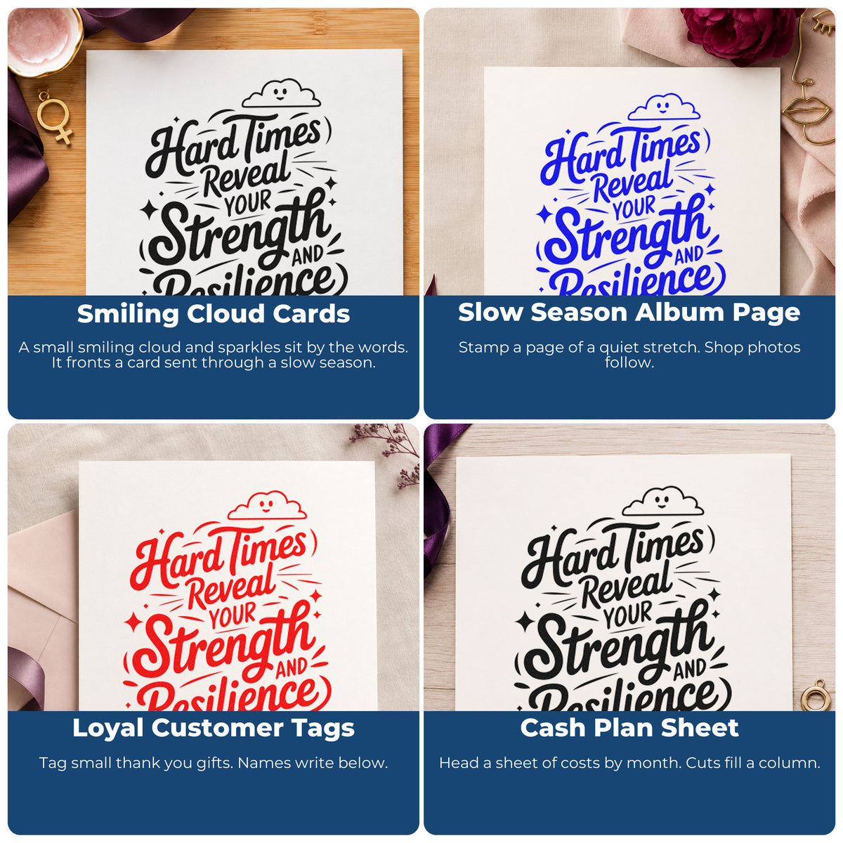 Motivational rubber stamp examples for scrapbooks, cardmaking, journaling and gift tags, featuring uplifting quote designs.
