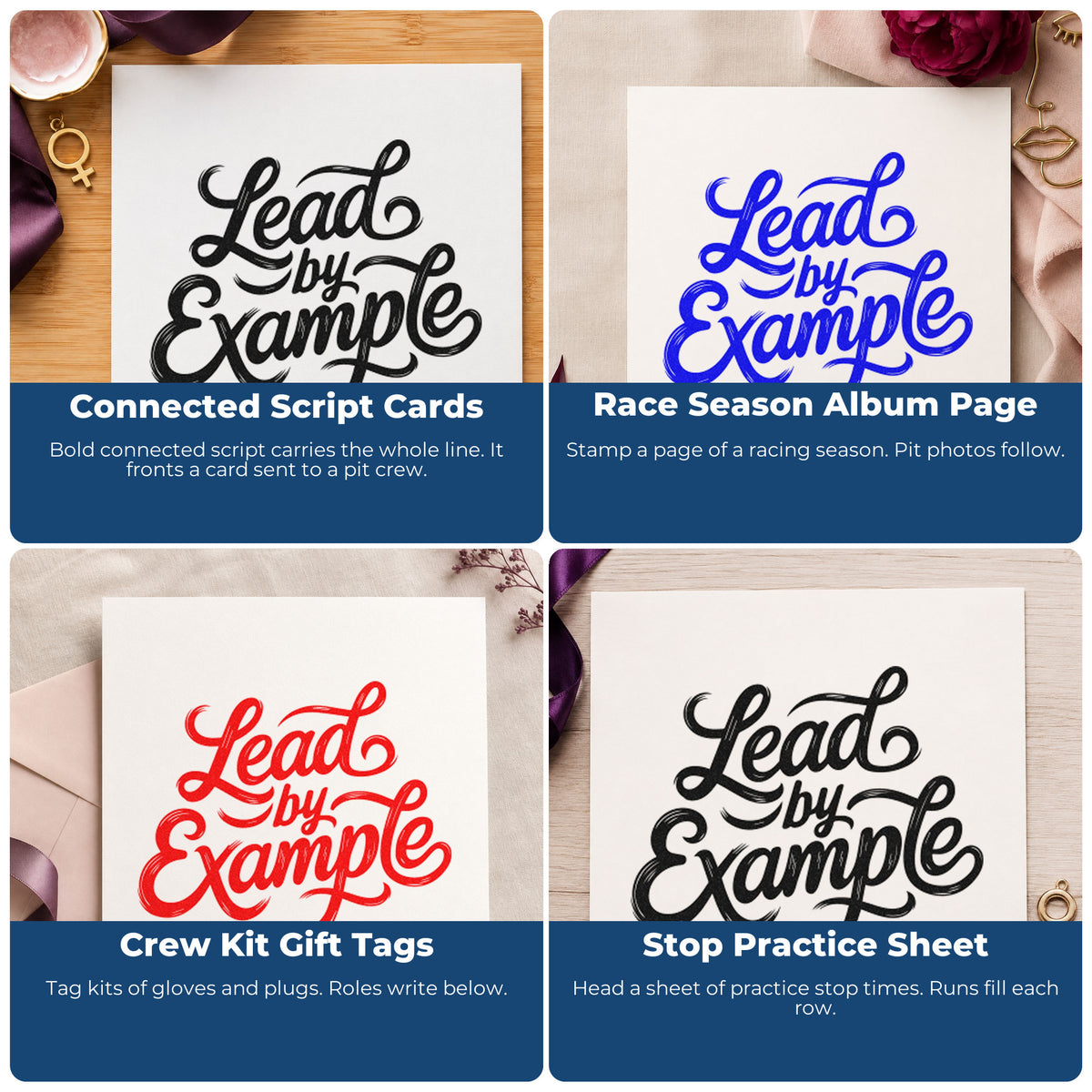 Motivational rubber stamp collage showing phrases for scrapbooks, cardmaking, journaling, and handmade gift tags.