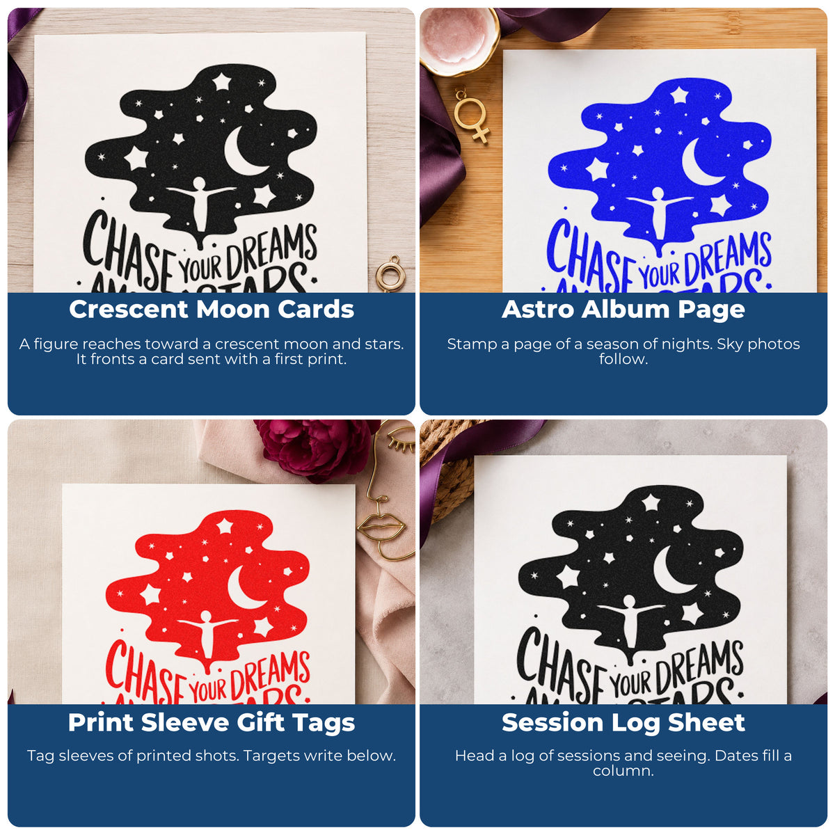 Four ways to use the Chase Dreams Among Stars PSI Pre-Inked Stamp: crescent moon cards, astro album page, print sleeve gift tags and session log sheet.