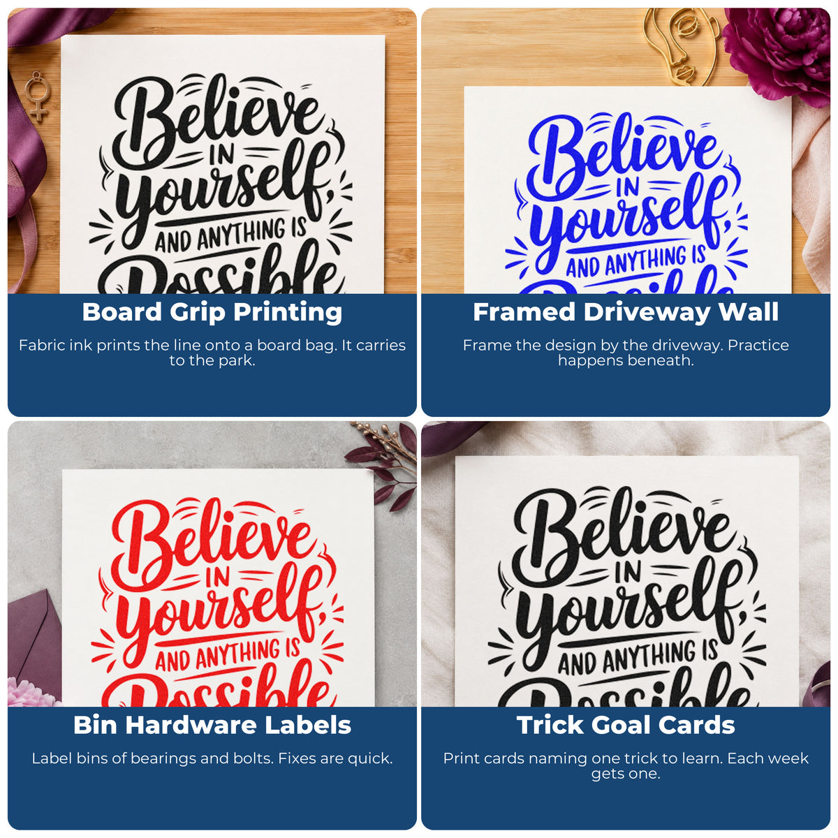 Four ways to use the Believe In Yourself And Anything Is Possible Rubber Stamp – Wood Handle: board grip printing, framed driveway wall, bin hardware labels and trick goal cards.