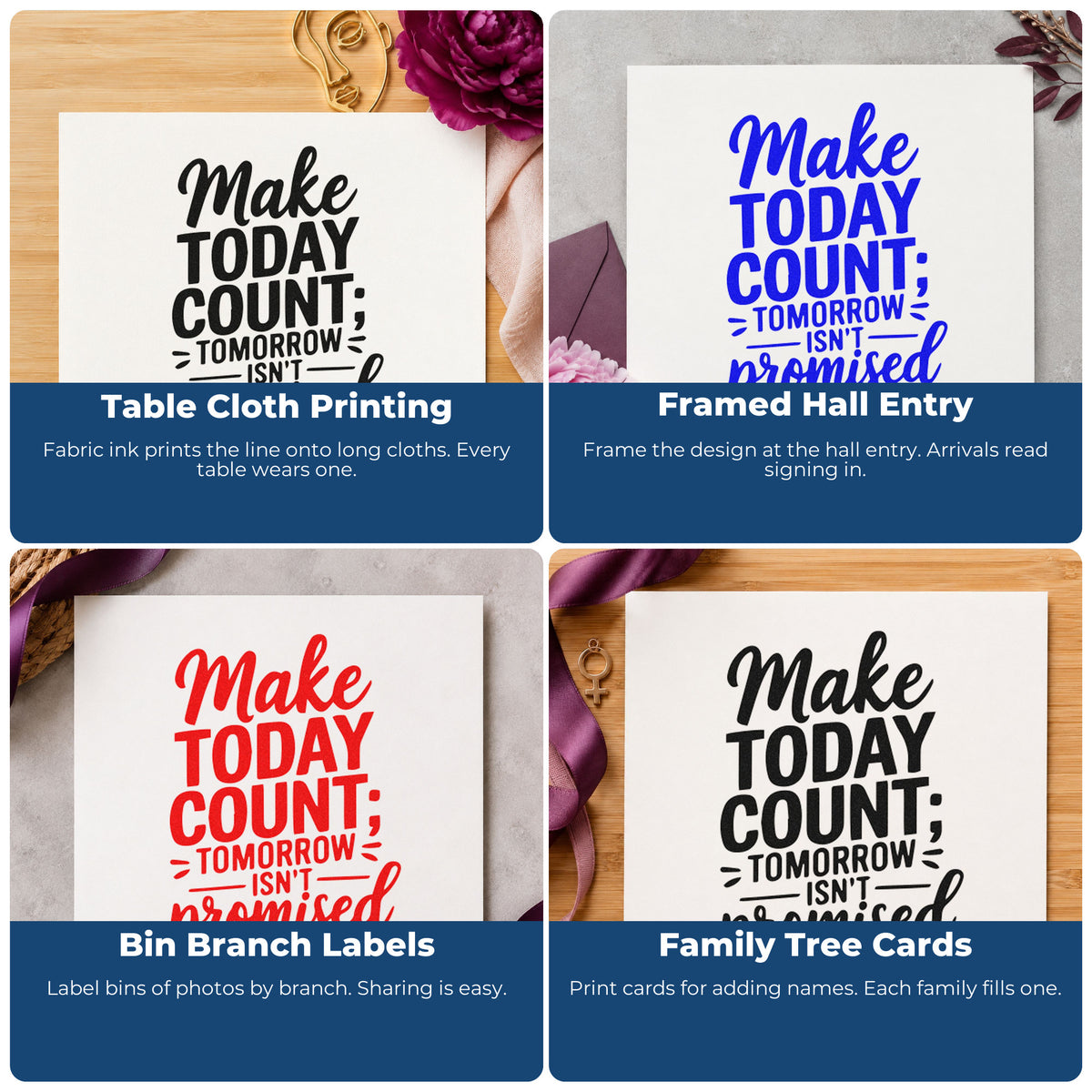 Motivational rubber stamp collage showing custom stamp ideas for habit trackers, vision boards, sticky notes, and planners.