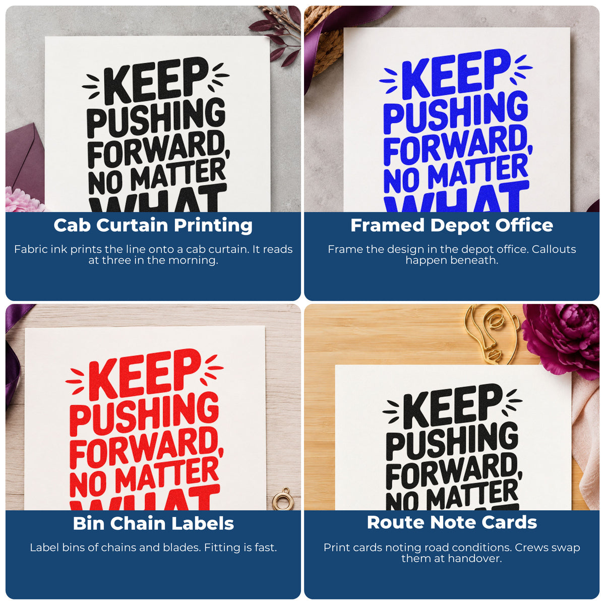 Four ways to use the Keep Pushing Forward No Matter What Rubber Stamp – Wood Handle: cab curtain printing, framed depot office, bin chain labels and route note cards.