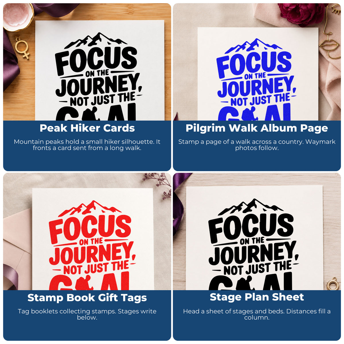 Four ways to use the Focus Journey Hiker Mountains Pre-Inked Stamp – PSI: peak hiker cards, pilgrim walk album page, stamp book gift tags and stage plan sheet.
