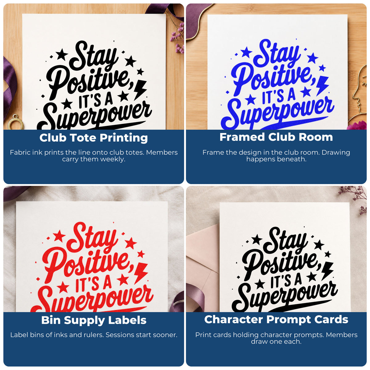 Motivational rubber stamps for habit trackers, vision boards, sticky notes, and planners to add uplifting quotes and reminders.