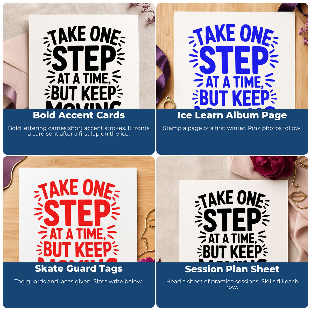 Motivational rubber stamps for scrapbooks, cardmaking, journaling and gift tags, adding uplifting phrases to handmade paper crafts.