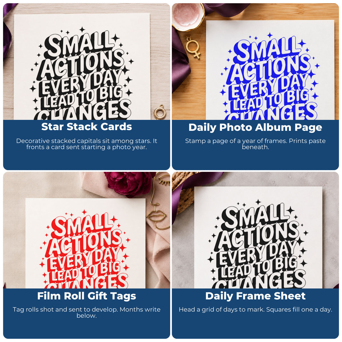 Inspirational rubber stamp ideas for scrapbooks, cardmaking, journaling, and gift tags with motivational phrases.