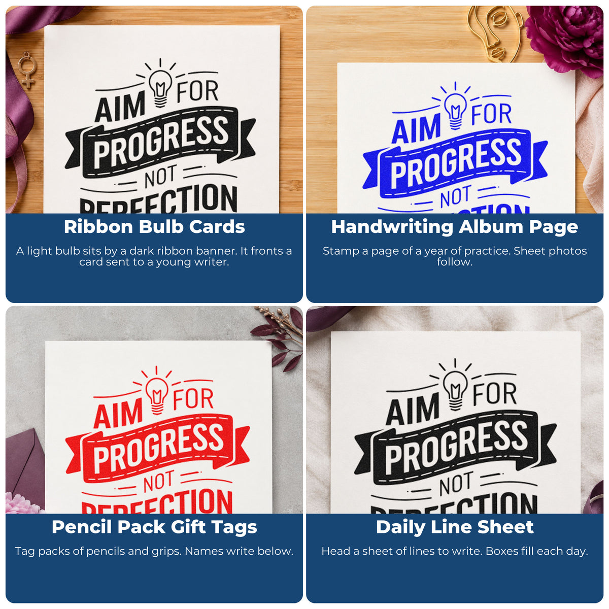 Four ways to use the Aim Progress Not Perfection Compact Pre-Inked Stamp – Slim: ribbon bulb cards, handwriting album page, pencil pack gift tags and daily line sheet.