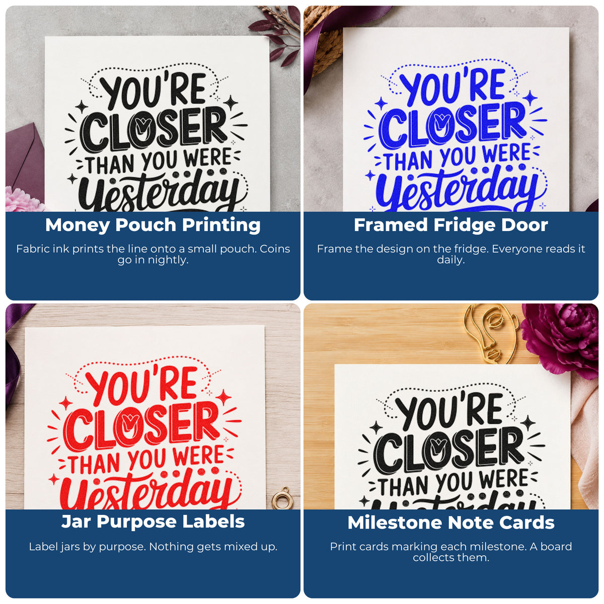 Four ways to use the Closer Than Yesterday Quote Rubber Stamp – Duo Hand: money pouch printing, framed fridge door, jar purpose labels and milestone note cards.